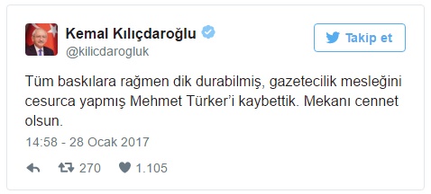 Kılıçdaroğlu'ndan Türker İçin Başsağlığı Mesajı