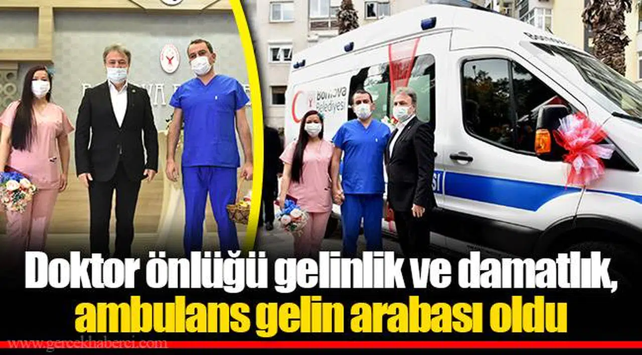 Doktor önlüğü gelinlik ve damatlık, ambulans gelin arabası oldu
