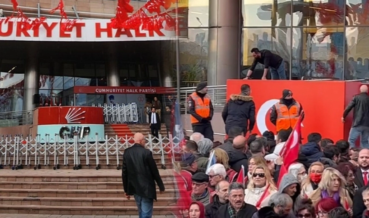 CHP Genel Merkezi önünde hazırlık: CHP logosu Türk bayrağı ile kapatıldı