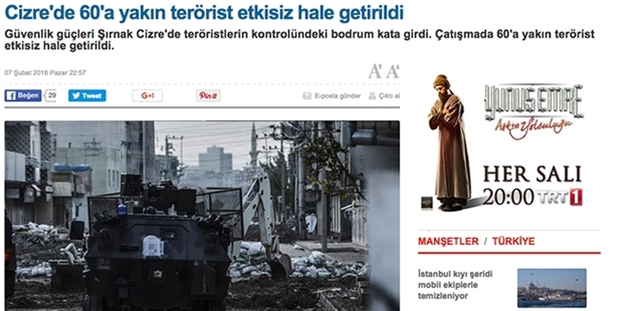 TRT: CİZRE'DE BODRUM KAT OPERASYONUNDA 60 TERÖRİST ETKİSİZ HALE GETİRİLDİ!