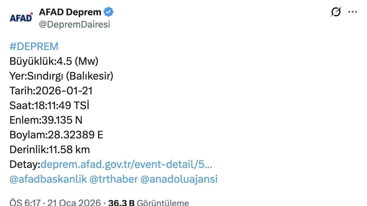 Sındırgı’daki 4.5’lik deprem Bursa’da da hissedildi