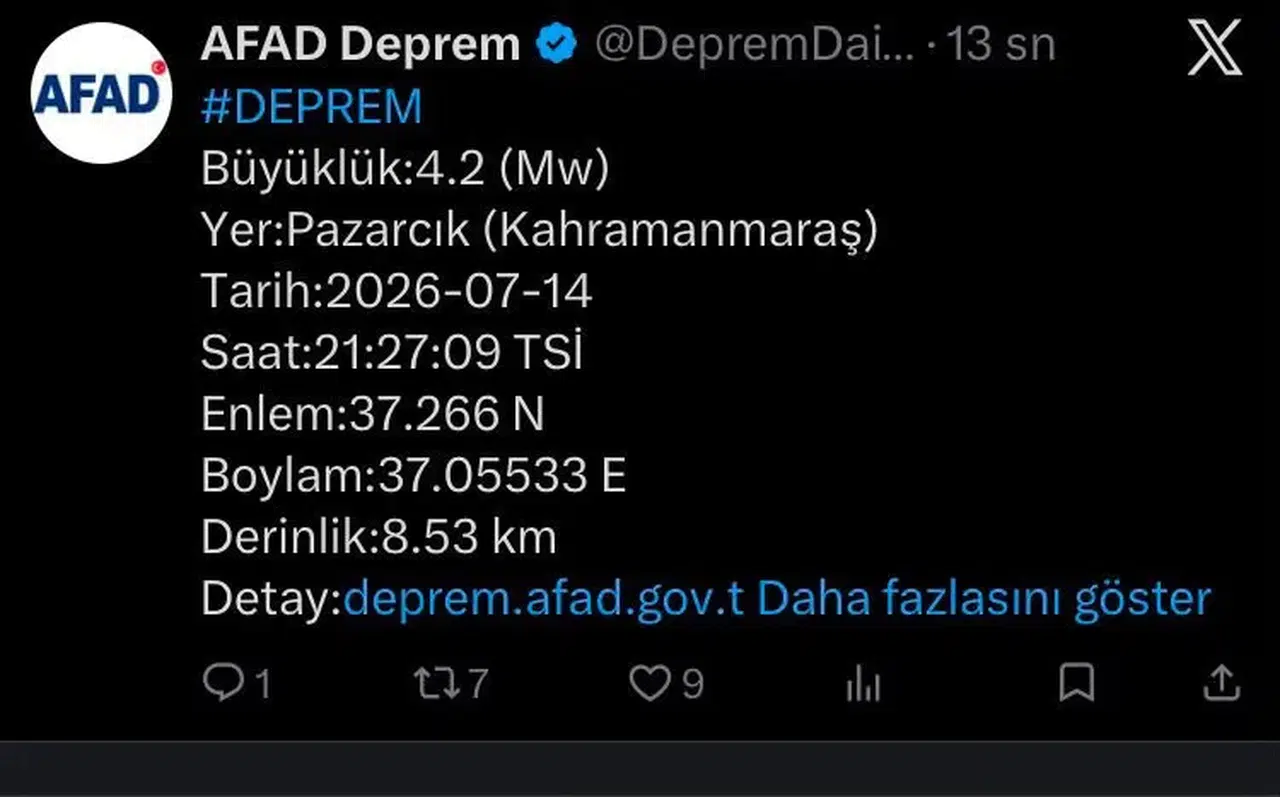 Kahramanmaraş Pazarcık'ta 4.2 Büyüklüğünde Deprem
