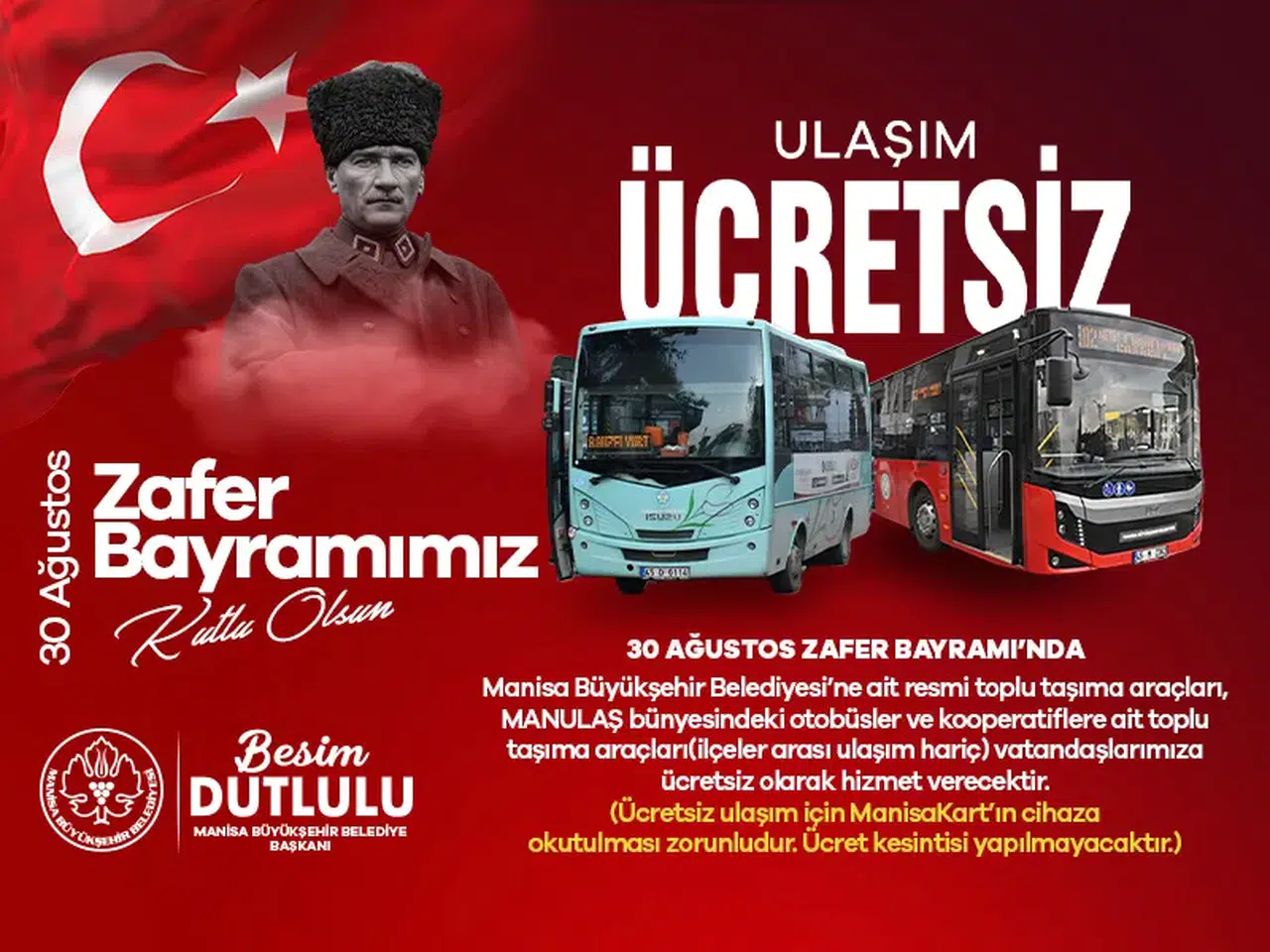 Manisa’da 30 Ağustos’ta Toplu Ulaşım Ücretsiz Olacak