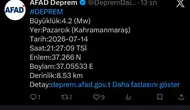 Kahramanmaraş Pazarcık'ta 4.2 Büyüklüğünde Deprem