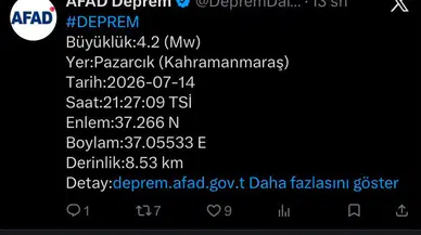 Kahramanmaraş Pazarcık'ta 4.2 Büyüklüğünde Deprem