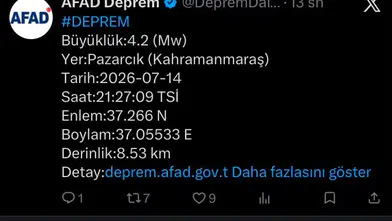 Kahramanmaraş Pazarcık'ta 4.2 Büyüklüğünde Deprem