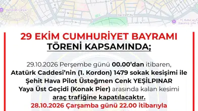 İzmir'de 29 Ekim nedeniyle Atatürk Caddesi trafiğe kapatılacak