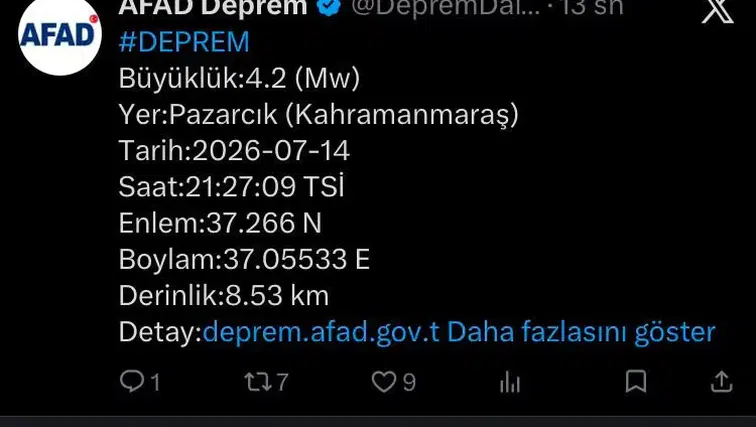 Kahramanmaraş Pazarcık'ta 4.2 Büyüklüğünde Deprem