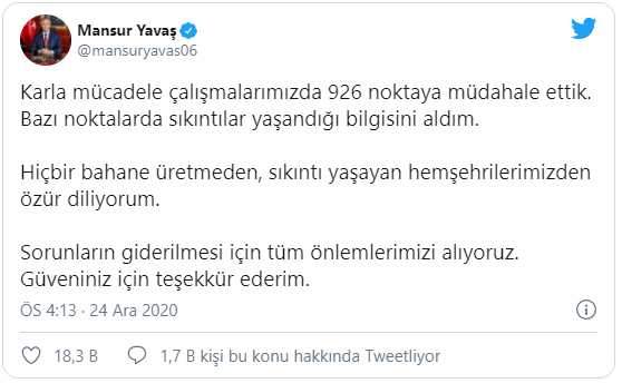 Kar yağışı sonrası Mansur Yavaş'tan özür mesajı