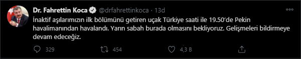 Koca: İnaktif aşılarımızın ilk bölümünü getiren uçak, Türkiye saati ile 19.50'de Pekin havalimanından havalandı
