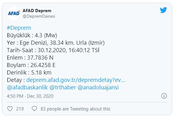 İzmir’de 4.3 büyüklüğünde deprem
