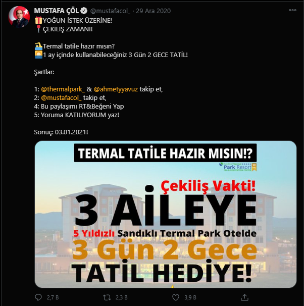 AK Partili belediye başkanını takip edene tatil çekilişi