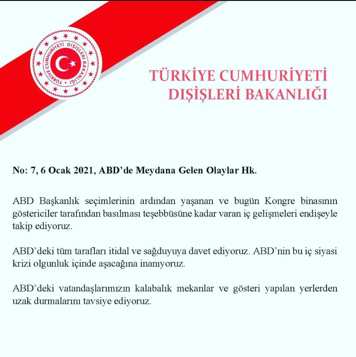 Dışişleri Bakanlığı'ndan ABD'ye çağrı