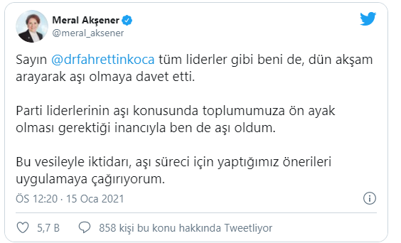 Meral Akşener: Sayın Koca tüm liderler gibi beni de arayarak aşı olmaya davet etti, ben de aşı oldum