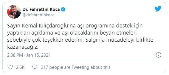 Sağlık Bakanı Koca'dan Kılıçdaroğlu'nun "Aşı olmak için sıramı bekleyeceğim" sözleri ardından açıklama: Aşı olacaklarını beyan etmeleri sebebiyle çok teşekkür ederim
