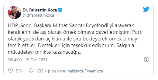 Sağlık Bakanı Koca'dan HDP'ye teşekkür: Örnek olmayı tercih ettiler