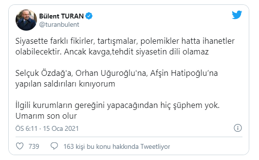 AK Partili Turan: Selçuk Özdağ'a, Orhan Uğuroğlu'na, Afşin Hatipoğlu’na yapılan saldırıları kınıyorum