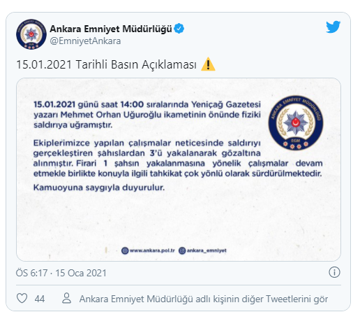 Ankara Emniyet Müdürlüğü'nden Uğuroğlu'na yapılan saldırıyla ilgili açıklama: 3 kişi yakalandı, bir kişi aranıyor