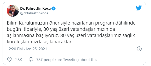 Bakan Koca: 80 yaş üzeri vatandaşlarımızın aşılanmasına başlıyoruz