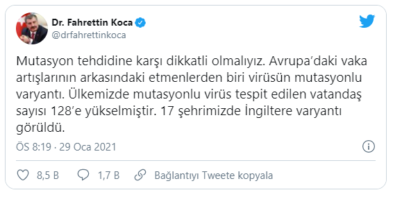 Bakan Koca açıkladı: 17 şehirde 128 kişide mutasyonlu koronavirüs görüldü