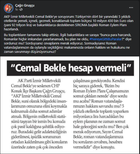CHP Konak İlçe Başkanı Çağrı Gruşçu’dan AKP’li Bekle’ye: Romanlar hiçbir imkandan yararlanamadı, bu plan ne oldu