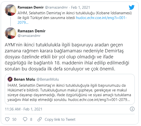 AİHM, Demirtaş için hükümetten savunma istedi