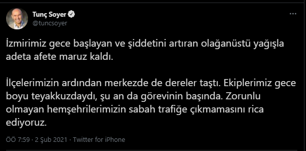 Soyer'den trafiğe çıkmayın uyarısı