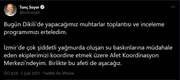Soyer'den trafiğe çıkmayın uyarısı