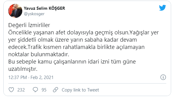 İzmir Valisi Köşger: Kamu çalışanlarının idari izni tüm güne uzatıldı