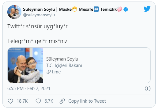 Twitter'ın, paylaşımlarına 'kural ihlali' notu eklediği Süleyman Soylu: Twitter sansür uyguluyor Telegram’a gelir misiniz?