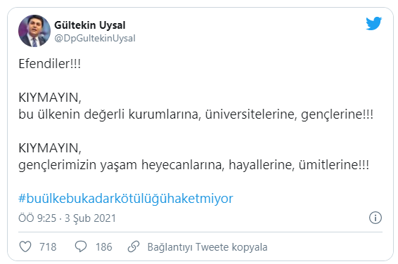 Demokrat Parti lideri Uysal'dan Boğaziçi tweeti: Kıymayın