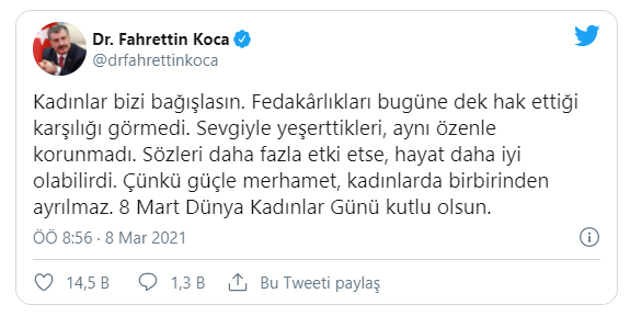 Sağlık Bakanı Koca: Kadınlar bizi bağışlasın, fedakarlıkları bugüne dek hak ettiği karşılığı görmedi
