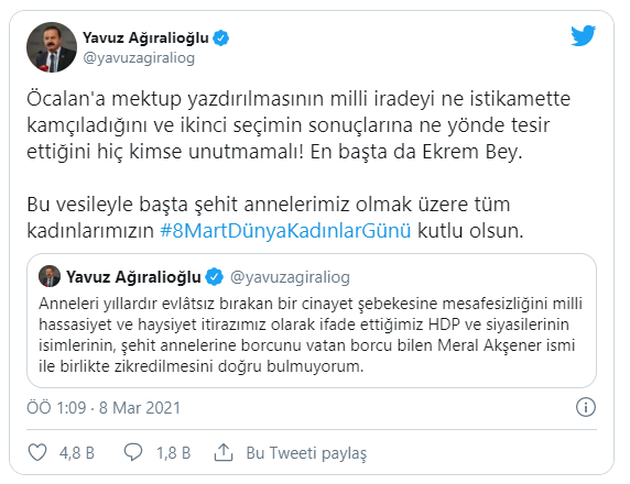 İmamoğlu'nun Akşener ve Buldan'ı etiketlediği 8 Mart mesajına İYİ Partili Ağıralioğlu'ndan tepki