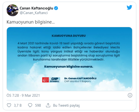 CHP, sağlık çalışanı kadına hakaret ettiği iddia edilen meclis üyesi hakkında soruşturma başlattı