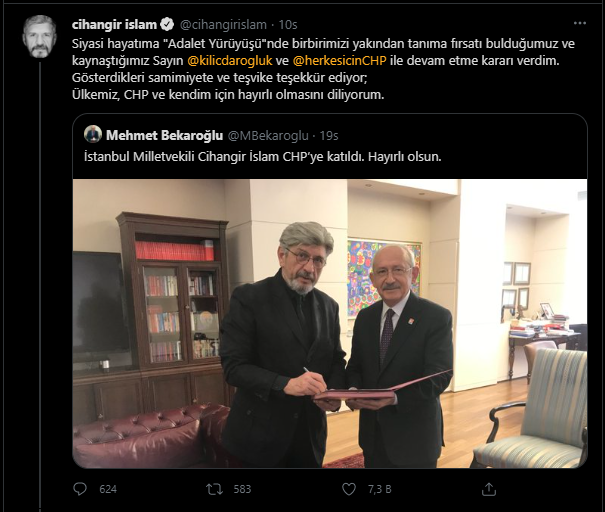 CHP’ye katılan İslam’dan ilk mesaj: Ülkemiz, CHP ve kendim için hayırlı olmasını diliyorum