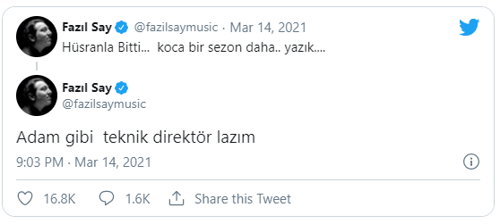 Fazıl Say'dan Fenerbahçe tepkisi: Adam gibi teknik direktör lazım