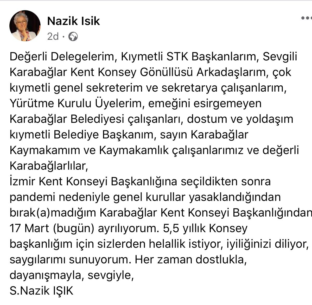Nazik Işık'tan "helallik" isteyen istifa
