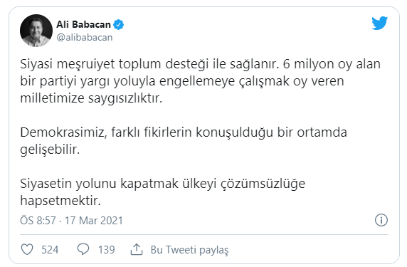 HDP'nin kapatılması talebine Davutoğlu ve Babacan'dan tepki: Siyasi partileri kapatmak toplumsal barışı bozar