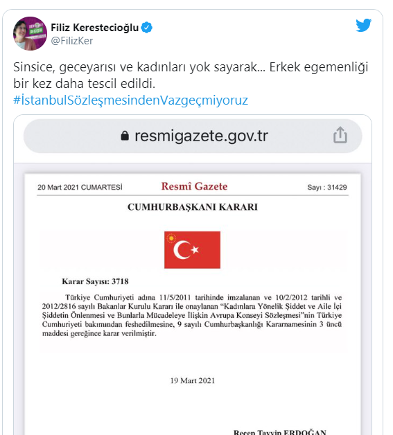 İstanbul Sözleşmesi kaldırıldı tepkiler çığ gibi büyüdü: Size ve tüm kötülüklerinize rağmen biz yaşayacağız ve Sözleşmeyi geri getireceğiz!