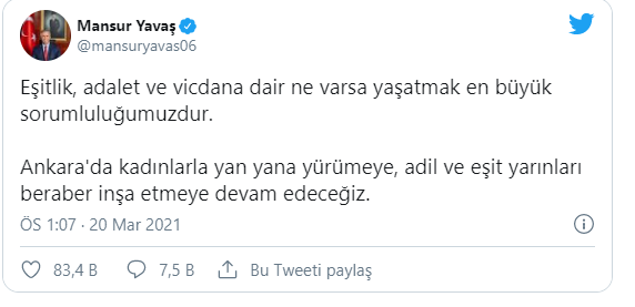 Mansur Yavaş: Kadınlarla yan yana yürümeye, yarınları beraber inşa etmeye devam edeceğiz
