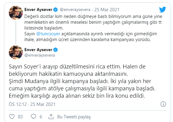 Enver Aysever, Tunç Soyer’i işaret etti: Arayıp düzeltilmesini rica ettim, halen de bekliyorum