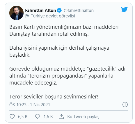 Danıştay Basın Kartı Yönetmeliği’nin bazı maddelerini iptal etti, Fahrettin Altun karara tepki gösterdi
