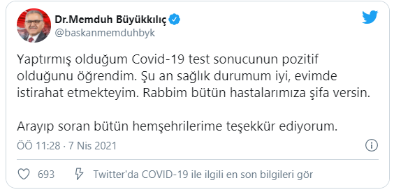 Kayseri Büyükşehir Belediye Başkanı Büyükkılıç koronavirüse yakalandı
