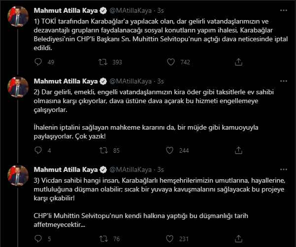 Selvitopu'na AK Partili Kaya'dan sosyal konut iptali tepkisi