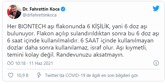 Sağlık Bakanı Koca'dan BioNTech uyarısı: Randevunuzu aksatmayın, israf olur