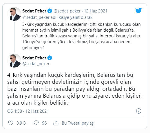 Sedat Peker: “ÇiftlikBank’ın kurucusu Mehmet Aydın Belarus’ta”