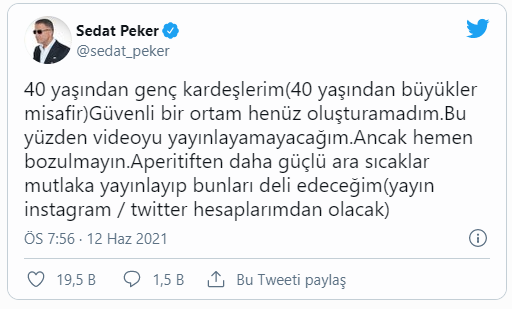 Peker : Yaptığı paylaşımla pazar günü neden video yayınlamayacağını açıkladı