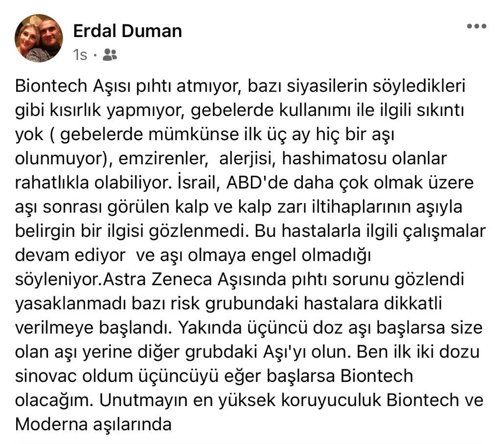 Dr Duman, "Moderna ve Biontech en yüksek koruyucu aşı"