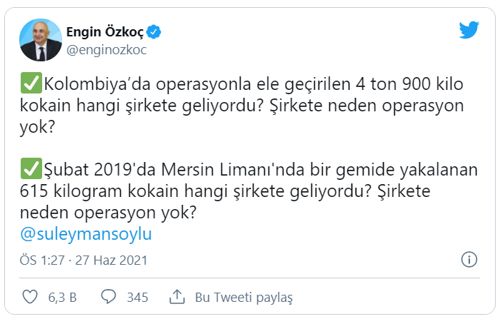 CHP'li Özkoç'tan Bakan Soylu'ya: 2019'da Mersin Limanı'nda yakalanan 615 kilogram kokain hangi şirkete geliyordu?