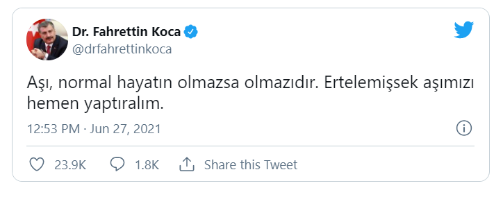 Sağlık Bakanı Koca'dan 'aşı olun' çağrısı
